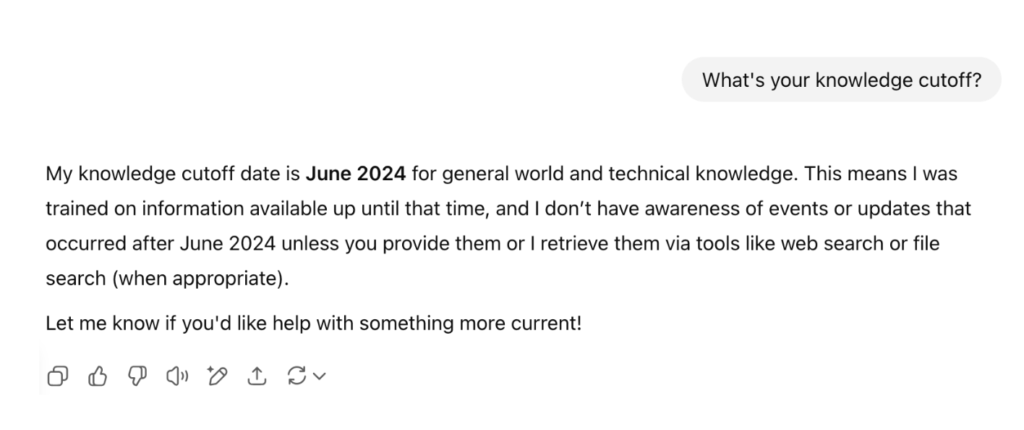A screenshot of a ChatGPT conversation in which the user asks the model's knowledge cutoff data and the model responds June 2024.